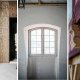 Bilder som viser interiørdetaljer. Ett bilde av en betongvegg som møter en finervegg med dør i. Ett bilde viser et vindu i en hvit, sparklet vegg, og ett bilde viser en fint skåret trebjelke og tresøyle.